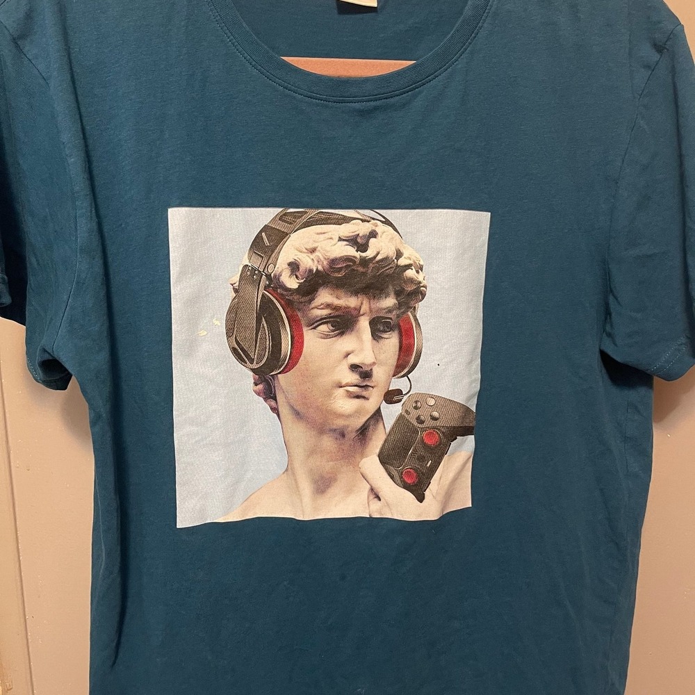 Gaming David Michelangelo Funny Art Gamer Teal T-Shirt Size Medium